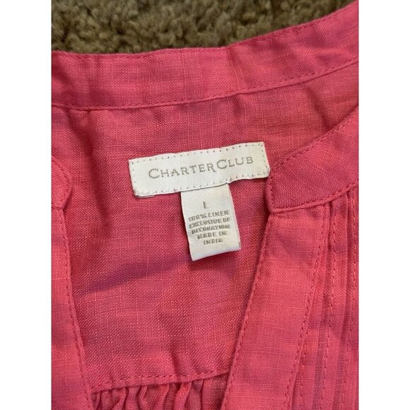 NWT CHARTER CLUB Pink 100% Linen button Front Blouse Top Roll Tab Sleeve LARGE - Picture 6 of 9